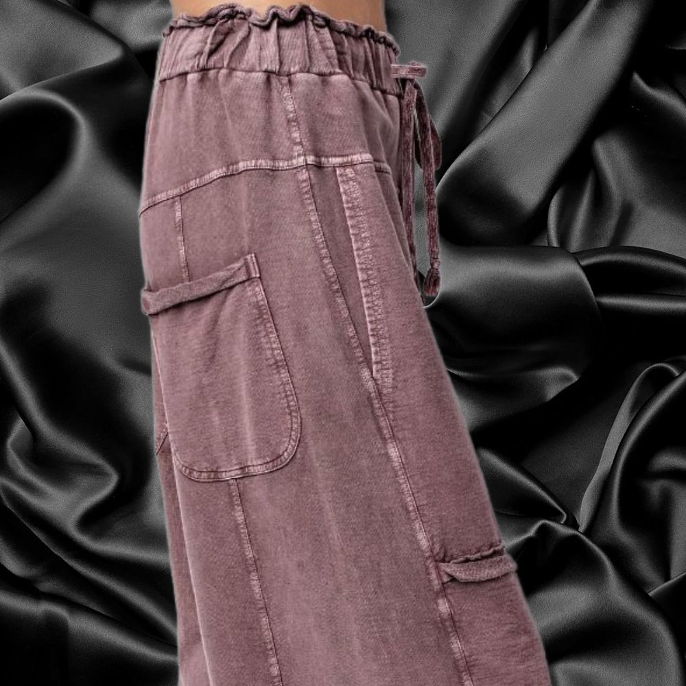 EASEL Perfect Cargo LUX Premium Mineral Wash Wide Leg Pant Raw Hem Seam Details - Picture 7 of 11